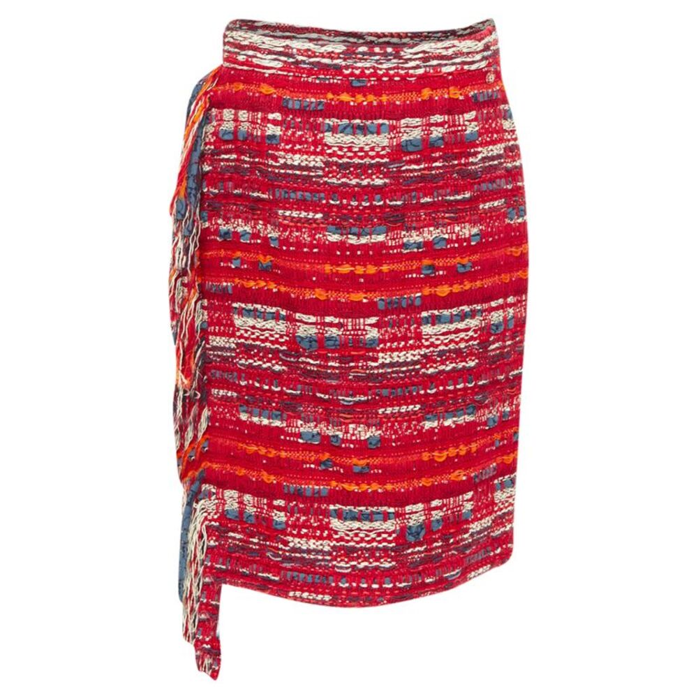 Chanel red cotton tweed fringe wrap skirt